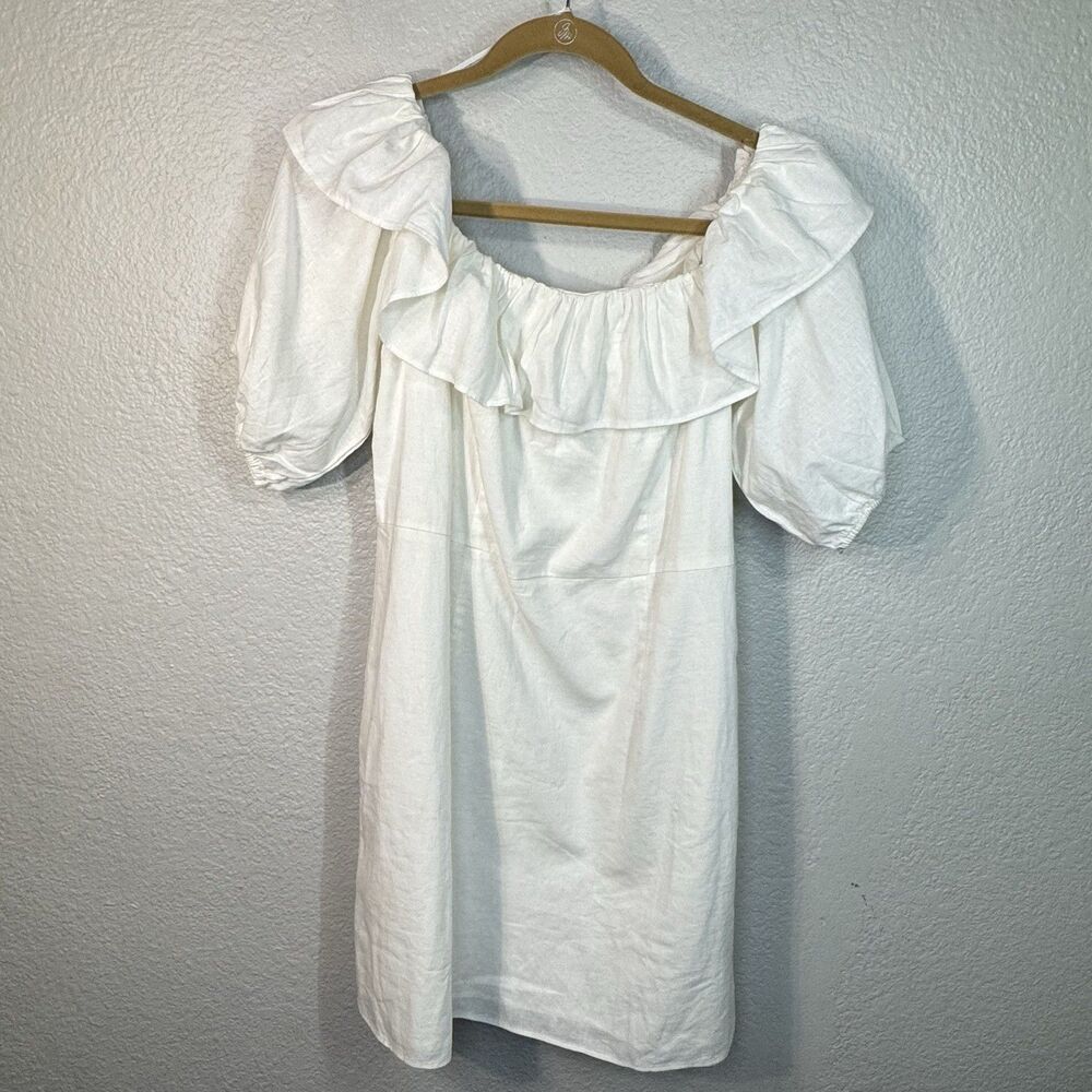 HM Dress L Cream Linen Blend Mini Off Shoulder Lined Puff Sleeve Bridal Shower